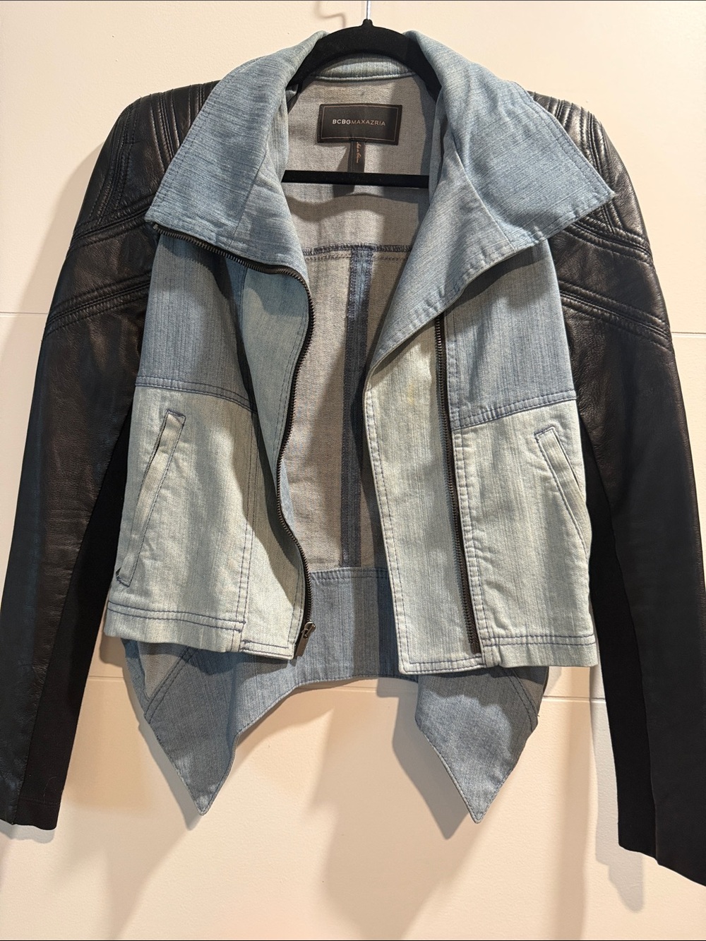 BCBGMaxAzria Light Blue Denim and Black Leather Two-Tone Moto Jacket